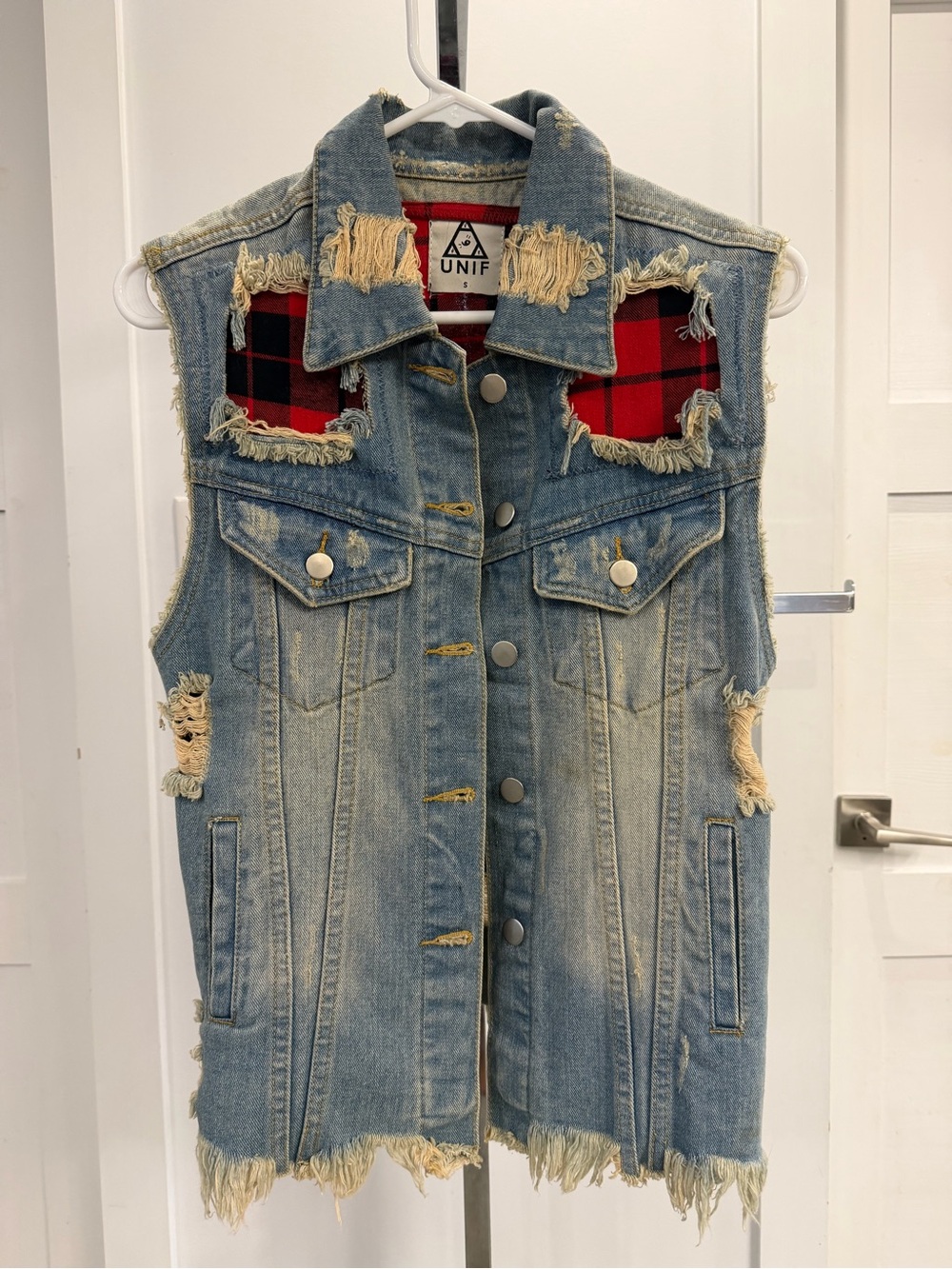 UNIF Light Blue Distressed Denim Vest with Red Plaid Panels